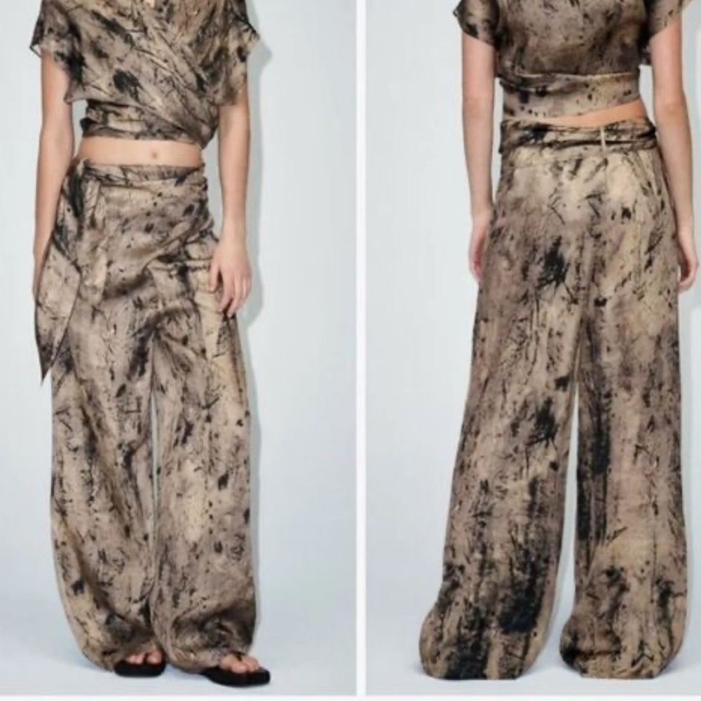 ZARA Satin Wide Leg Tie Dye Wrap Style Pants Size Small NWT